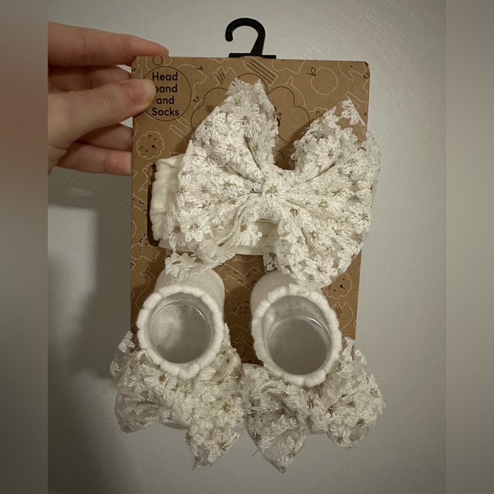 Baby Essentials White Lace Headband and Socks Set